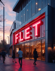 Letras caixa iluminadas com LED Neon Flex em uma fachada comercial moderna.